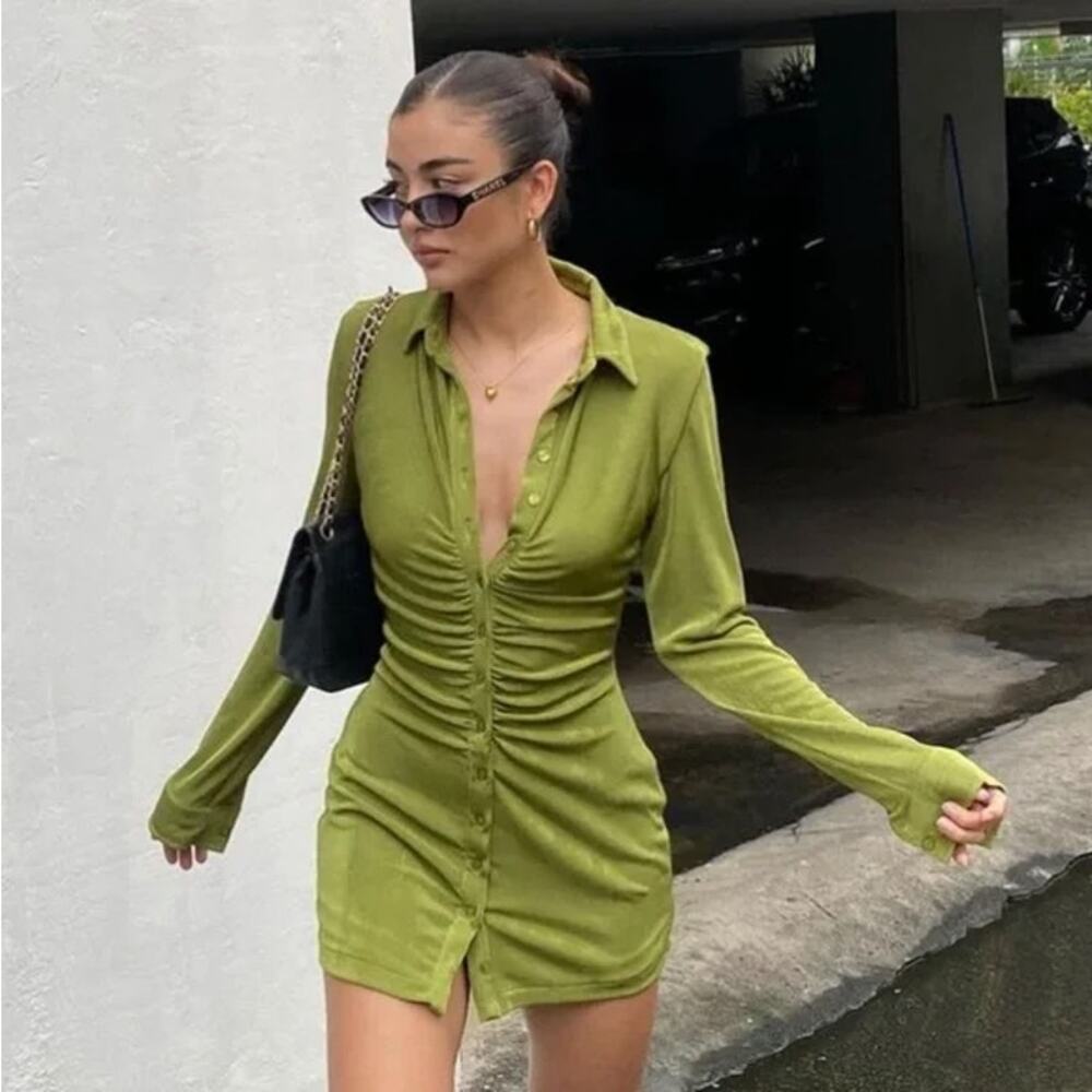 With Jean | Andy Dress Green Ruched Front Slinky Shirt Dress XS